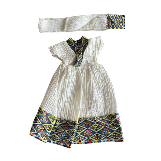 Traditional Vibrant Habesha Doll Dress with Scarf- A Celebration of Culture and Color